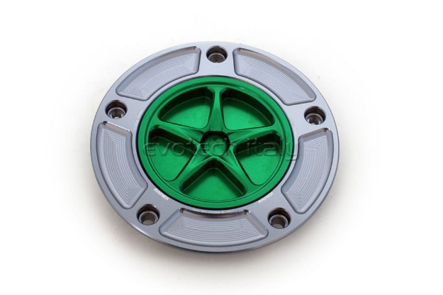 Afbeeldingen van Tankdop met schroefdop Evotech diverse Kawasaki modellen titanium/groen