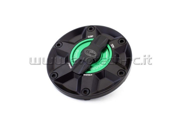 Afbeeldingen van Tankdop met snelsluiter van Evotech voor diverse Aprilia / Triumph / MV Agusta zwart/groen