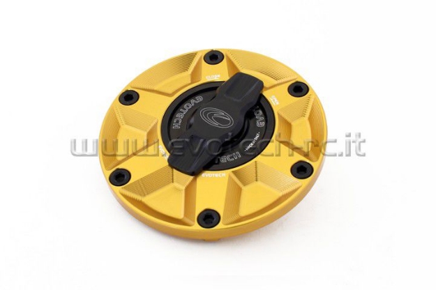 Afbeeldingen van Tankdop met snelsluiter van Evotech voor diverse Aprilia / Triumph / MV Agusta goud/zwart