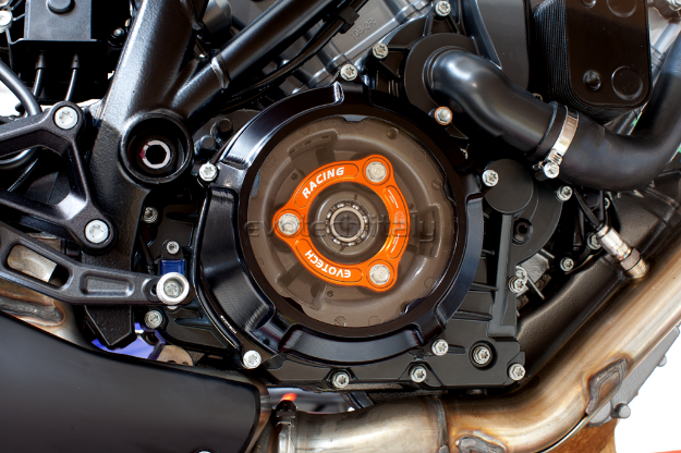 Afbeeldingen van Koppeling deksel met kijkglas en koppeling drukplaat SET aluminium Evotech voor diverse KTM motoren