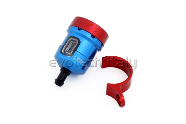 Afbeeldingen van Remvloeistofpotje aluminium met kijkglas 15ml Evotech blauw/rood