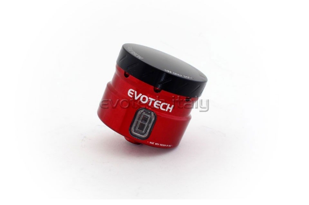 Afbeeldingen van Remvloeistofpotje groot 30ml met rechte uitgang Evotech rood/zwart