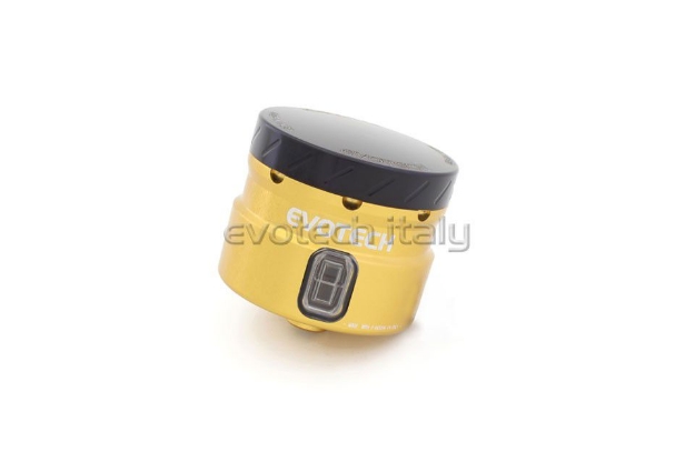 Afbeeldingen van Remvloeistofpotje groot 30ml met rechte uitgang Evotech goud/zwart