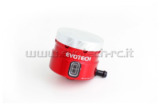 Afbeeldingen van Remvloeistofpotje groot 30ml met haakse uitgang Evotech rood/zilver