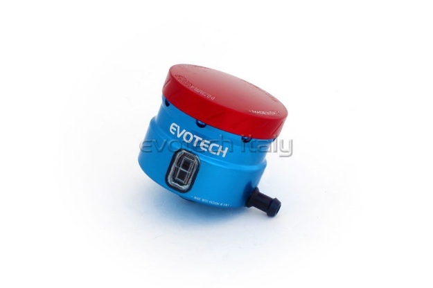 Afbeeldingen van Remvloeistofpotje groot 30ml met haakse uitgang Evotech blauw/rood