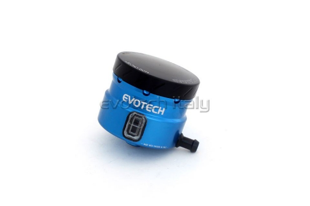 Afbeeldingen van Remvloeistofpotje groot 30ml met haakse uitgang Evotech blauw/titanium