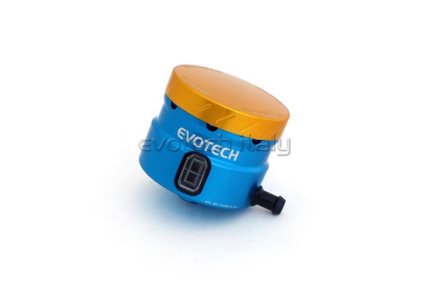 Afbeeldingen van Remvloeistofpotje groot 30ml met haakse uitgang Evotech blauw/goud