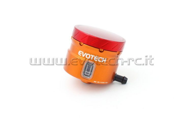 Afbeeldingen van Remvloeistofpotje groot 30ml met haakse uitgang Evotech oranje/rood
