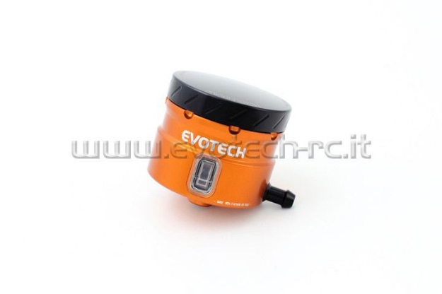 Afbeeldingen van Remvloeistofpotje groot 30ml met haakse uitgang Evotech oranje/zwart