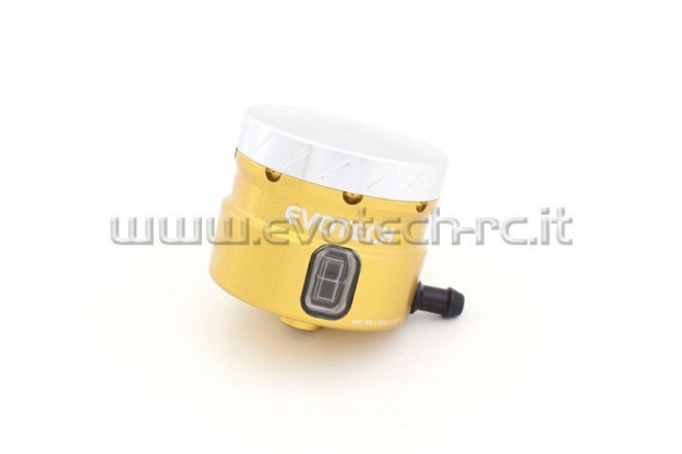 Afbeeldingen van Remvloeistofpotje groot 30ml met haakse uitgang Evotech goud/zilver