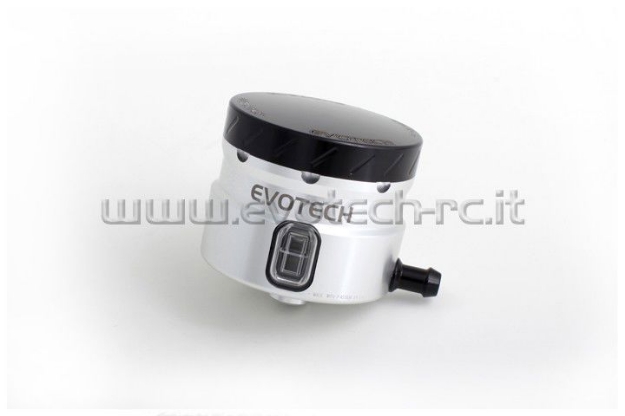 Afbeeldingen van Remvloeistofpotje groot 30ml met haakse uitgang Evotech zilver/zwart