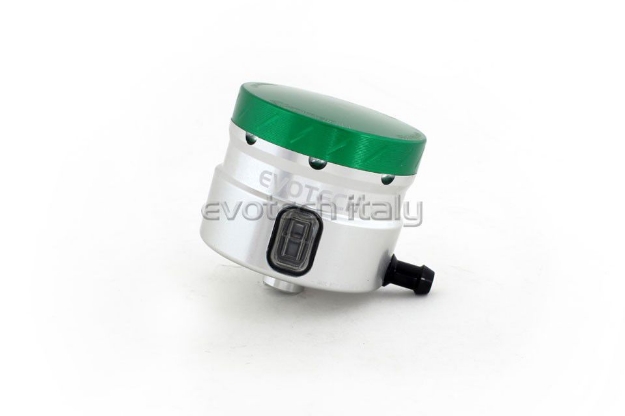 Afbeeldingen van Remvloeistofpotje groot 30ml met haakse uitgang Evotech zilver/groen