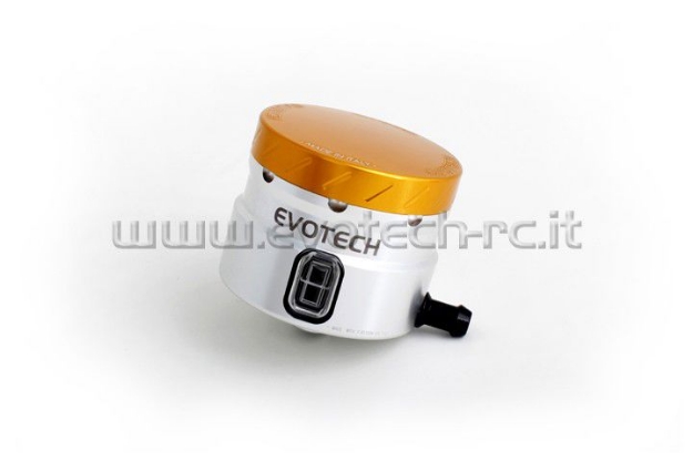 Afbeeldingen van Remvloeistofpotje groot 30ml met haakse uitgang Evotech zilver/goud