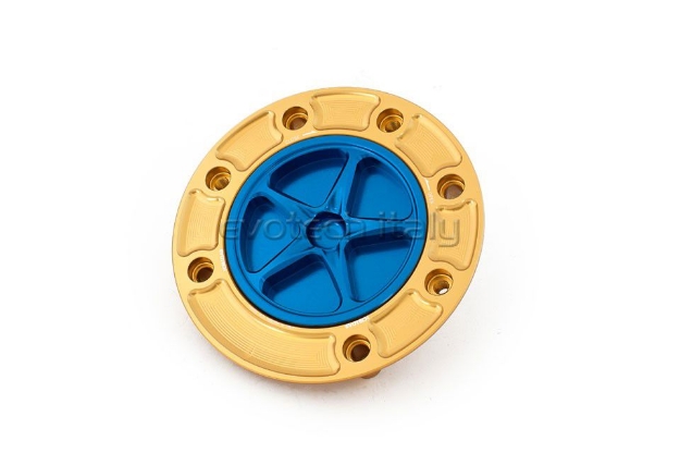 Afbeeldingen van Tankdop met schroefdop Evotech Suzuki 7 bouten (SU1) goud/blauw