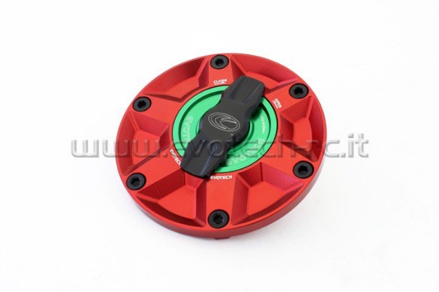 Afbeeldingen van Tankdop met snelsluiter van Evotech voor diverse Aprilia / Triumph / MV Agusta rood/groen
