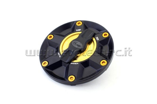 Afbeeldingen van Tankdop met snelsluiter van Evotech voor diverse Aprilia / Triumph / MV Agusta zwart/goud