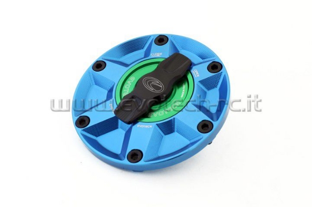 Afbeeldingen van Tankdop met snelsluiter van Evotech voor diverse Aprilia / Triumph / MV Agusta blauw/groen