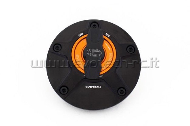 Afbeeldingen van Tankdop met snelsluiter van Evotech voor diverse Kawasaki modellen zwart/oranje