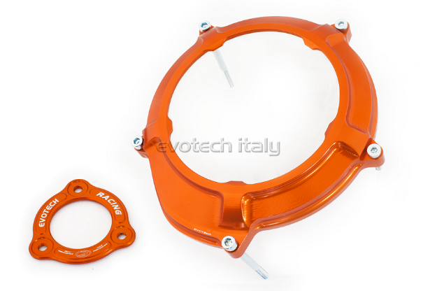 Afbeeldingen van Koppeling deksel met kijkglas en koppeling SET aluminium Evotech voor diverse KTM motoren. oranje/oranje