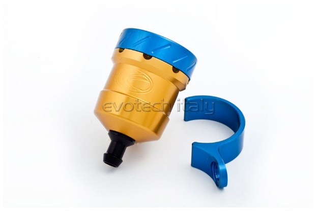 Afbeeldingen van Remvloeistofpotje aluminium 15ml Evotech goud/blauw