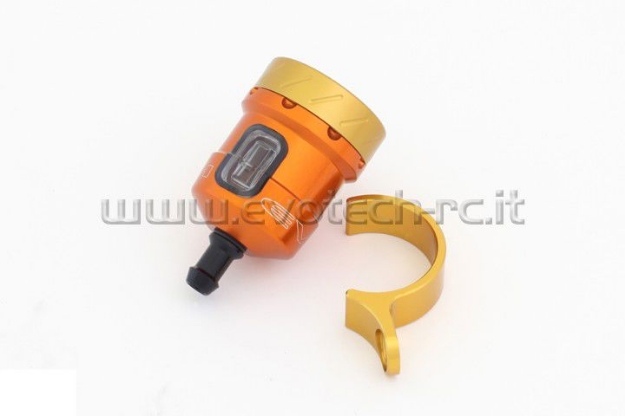 Afbeeldingen van Remvloeistofpotje aluminium met kijkglas 15ml Evotech oranje/goud