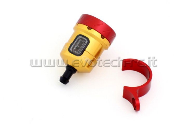 Afbeeldingen van Remvloeistofpotje aluminium met kijkglas 15ml Evotech goud/rood