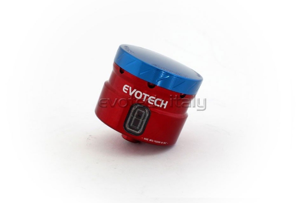 Afbeeldingen van Remvloeistofpotje groot 30ml met rechte uitgang Evotech rood/blauw