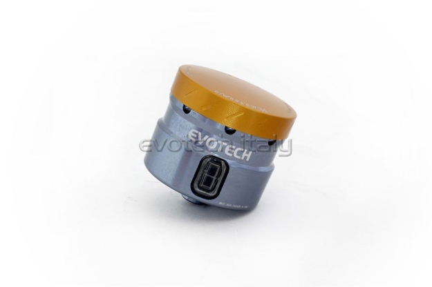 Afbeeldingen van Remvloeistofpotje groot 30ml met rechte uitgang Evotech titanium/goud