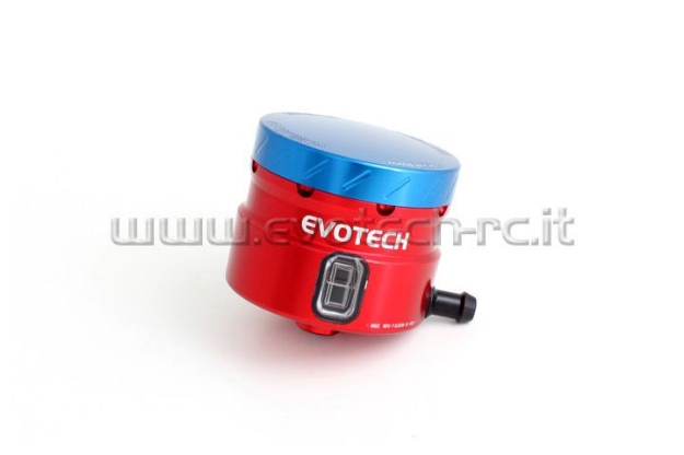 Afbeeldingen van Remvloeistofpotje groot 30ml met haakse uitgang Evotech rood/blauw