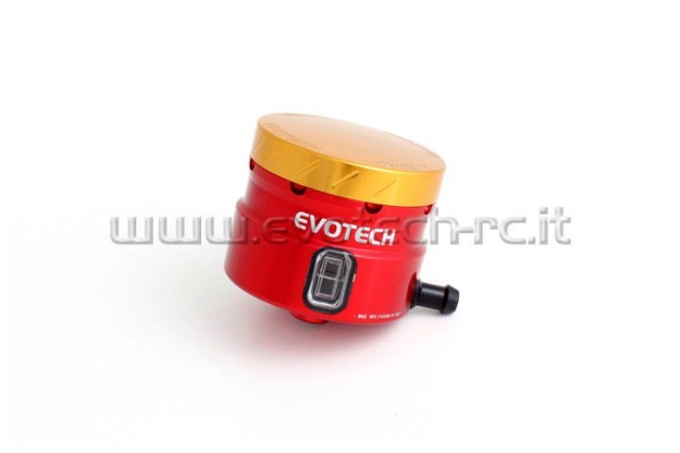 Afbeeldingen van Remvloeistofpotje groot 30ml met haakse uitgang Evotech rood/goud