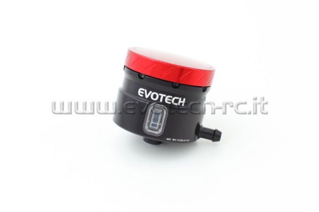 Afbeeldingen van Remvloeistofpotje groot 30ml met haakse uitgang Evotech zwart/rood