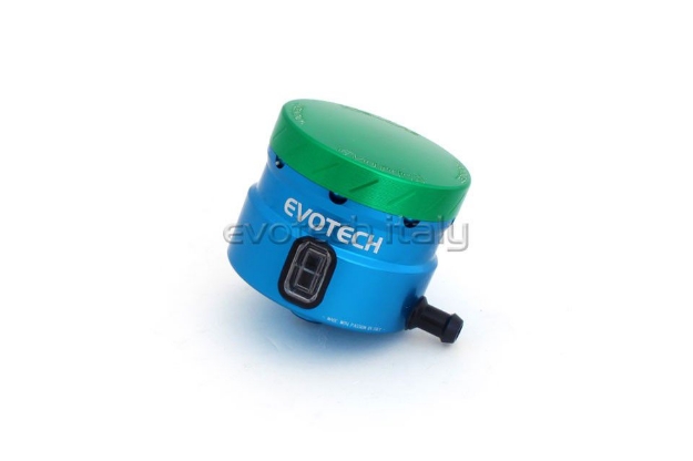 Afbeeldingen van Remvloeistofpotje groot 30ml met haakse uitgang Evotech blauw/groen