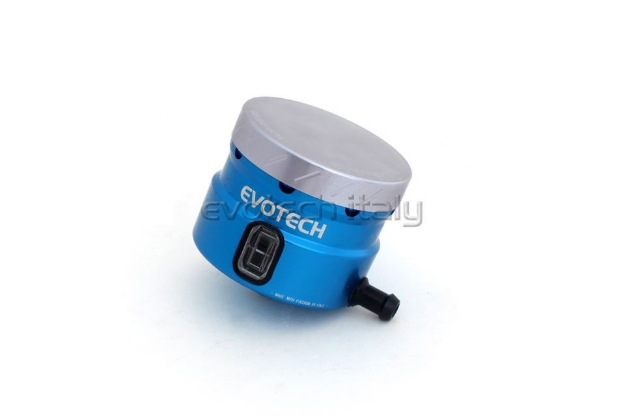 Afbeeldingen van Remvloeistofpotje groot 30ml met haakse uitgang Evotech blauw/titanium