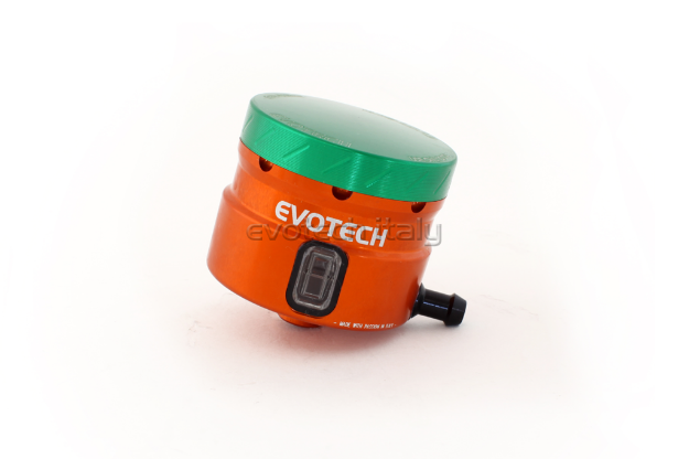 Afbeeldingen van Remvloeistofpotje groot 30ml met haakse uitgang Evotech oranje/groen