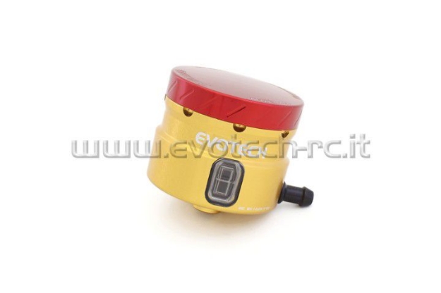 Afbeeldingen van Remvloeistofpotje groot 30ml met haakse uitgang Evotech goud/rood