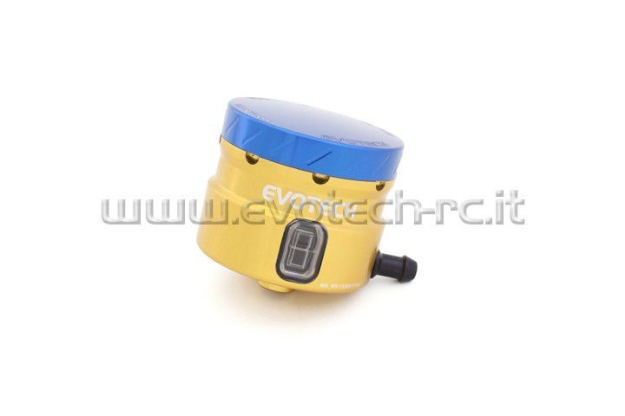 Afbeeldingen van Remvloeistofpotje groot 30ml met haakse uitgang Evotech goud/blauw