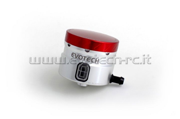 Afbeeldingen van Remvloeistofpotje groot 30ml met haakse uitgang Evotech zilver/rood