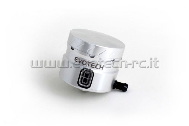 Afbeeldingen van Remvloeistofpotje groot 30ml met haakse uitgang Evotech zilver/zilver