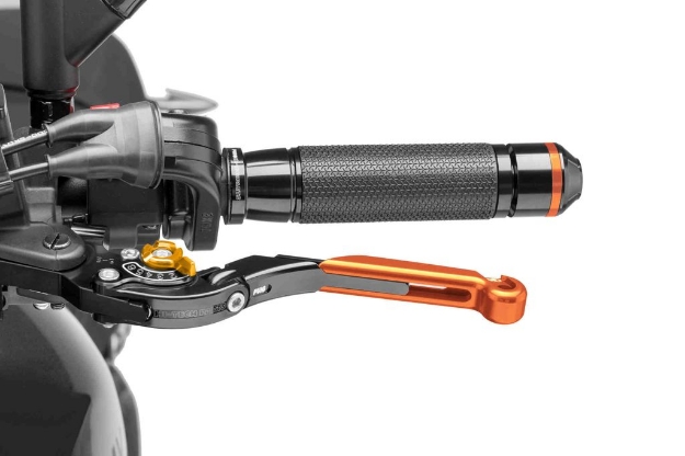 Afbeeldingen van Koppelingshendel Puig opklapbaar/ uitschuifbaar zwart/goud/oranje