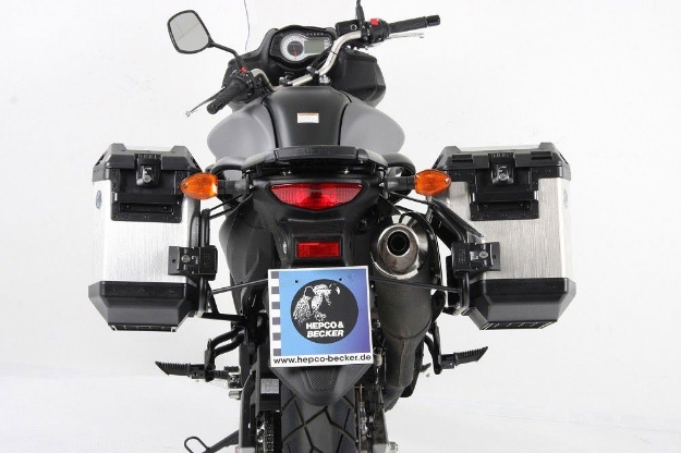 Afbeeldingen van Kofferset Hepco&Becker 'Cutout' met RVS rek en Xplorer koffers Suzuki DL650 V-Strom '12-16
