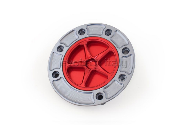 Afbeeldingen van Tankdop met schroefdop Evotech Suzuki 7 bouten (SU1) titanium/rood