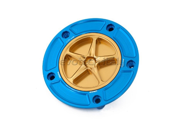 Afbeeldingen van Tankdop met schroefdop Evotech Suzuki 5 bouten (SU2) blauw/goud