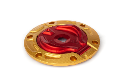 Afbeeldingen van Tankdop met sleutel opening van Evotech voor diverse Ducati en KTM modellen. goud - rood