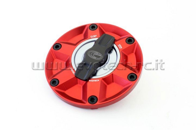 Afbeeldingen van Tankdop met snelsluiter van Evotech voor diverse Aprilia / Triumph / MV Agusta rood/titanium