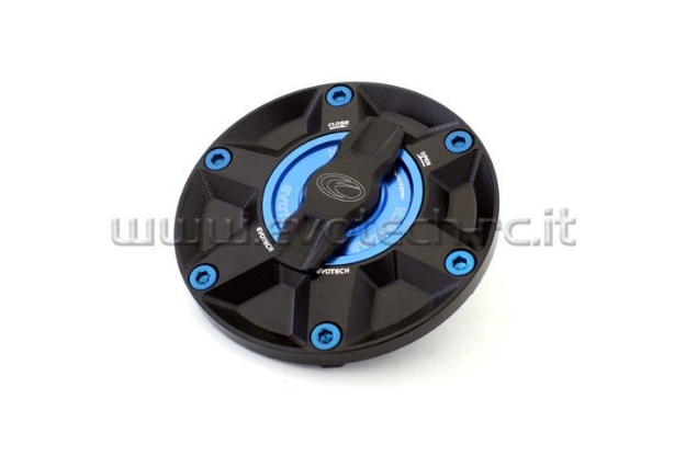 Afbeeldingen van Tankdop met snelsluiter van Evotech voor diverse Aprilia / Triumph / MV Agusta zwart/blauw