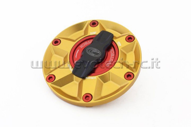 Afbeeldingen van Tankdop met snelsluiter van Evotech voor diverse Aprilia / Triumph / MV Agusta goud/rood