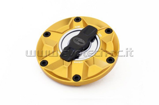 Afbeeldingen van Tankdop met snelsluiter van Evotech voor diverse Aprilia / Triumph / MV Agusta goud/titanium