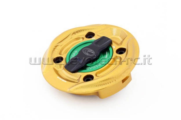 Afbeeldingen van Tankdop met snelsluiter van Evotech voor diverse BMW modellen goud/groen