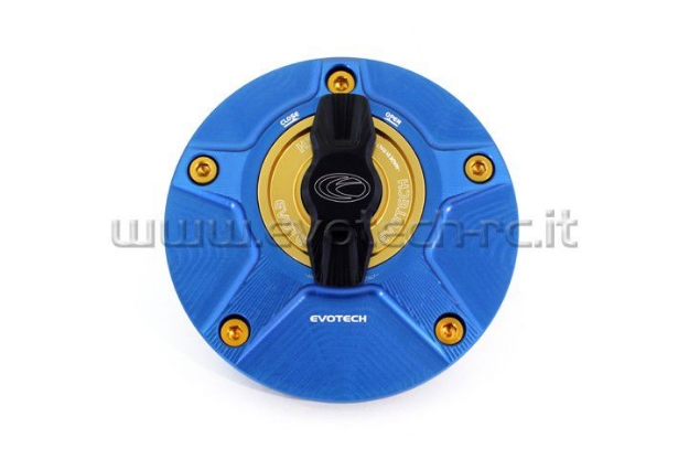 Afbeeldingen van Tankdop met snelsluiter van Evotech voor diverse Yamaha / Ducati / MV Agusta blauw/goud
