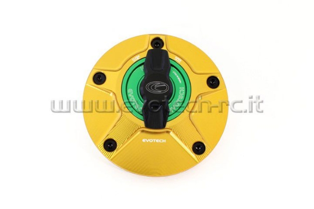 Afbeeldingen van Tankdop met snelsluiter van Evotech voor diverse Yamaha / Ducati / MV Agusta goud/groen